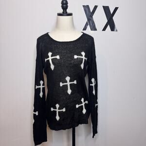 Vintage Y2K Black Iron Cross Sheer Sweater Mall Goth Scene Emo Top 2000s M